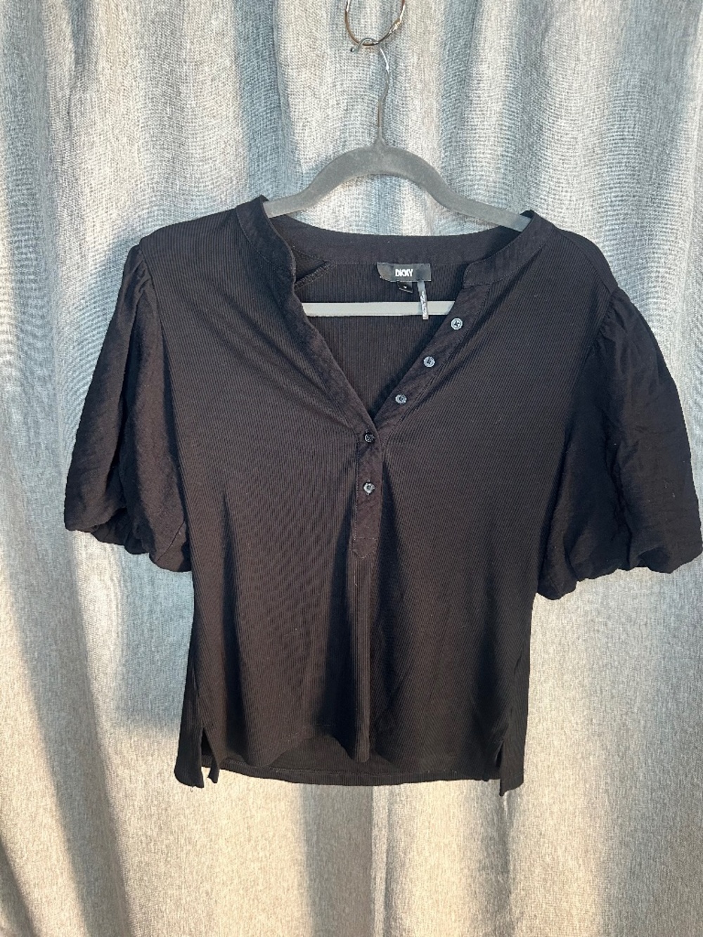DKNY Black Ribbed Puff Sleeve Henley Top - Size Medium